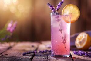 AI generated pink lavender lemonade with a slice of lemon, Provence style, space for text photo