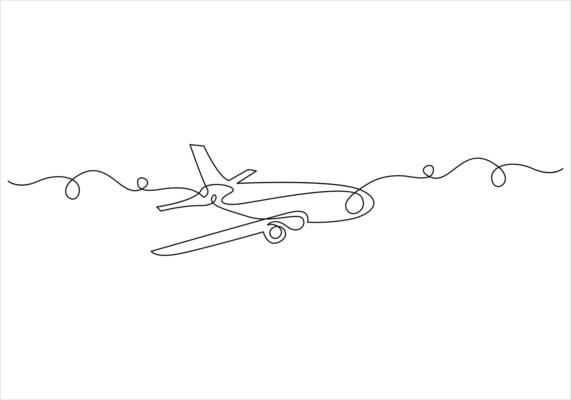 Continuous one line drawing of airplane out line vector art illustration