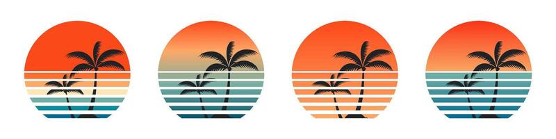 Set of Retro Sunset Color Circle With Palm Silhouettes Vector. Circular gradient background. T shirt design element. Vector illustration flat elements.