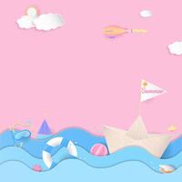 Paper boats and pastel summer elements on pink background vector