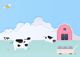 Cow in dairy farm with paper art background vector