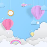 Pastel hot air balloon and cloud on blue background vector