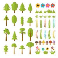 Set of flat forest elements. Include mushrooms, grass, berries, trees, flowers and branches vector