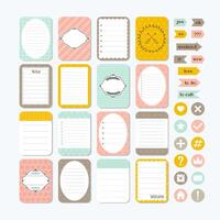 Template for notebooks. Cute design elements. Notes, labels, stickers. Collection of various note papers. Flat style vector