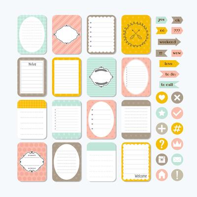 Template for notebooks. Cute design elements. Notes, labels, stickers. Collection of various note papers. Flat style