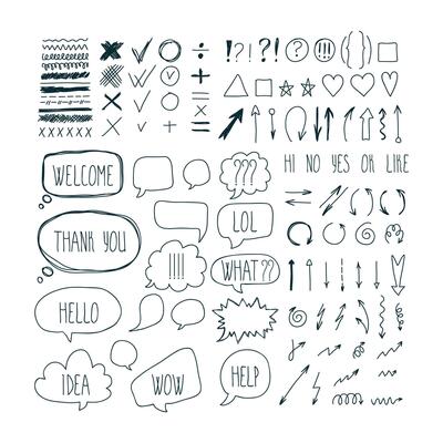 Big set of sketch arrows, speech bubbles clouds, strokes and hatched badges. Business doodles. Hand drawn design elements