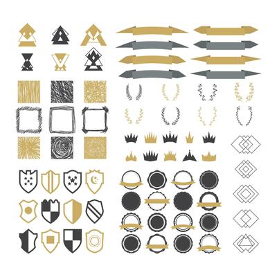 Collection of premium design elements. Set of ribbons, geometric shapes, wreaths, stamps, crowns, frames, trendy hipster logotypes and shields