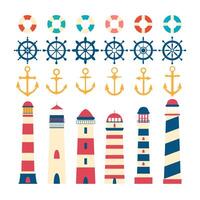 Nautical set. Steering wheel, lighthouse, anchor and lifebuoy. Nautical elements in flat style vector