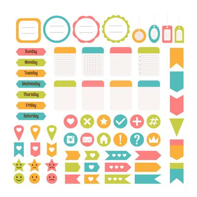 Design elements for website. Template for notebooks. Monthly planner. Set for blog design. Stickers