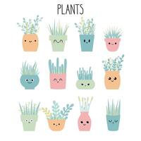 Set of hand drawn plants. Flowers in pots. Collection of garden plants vector