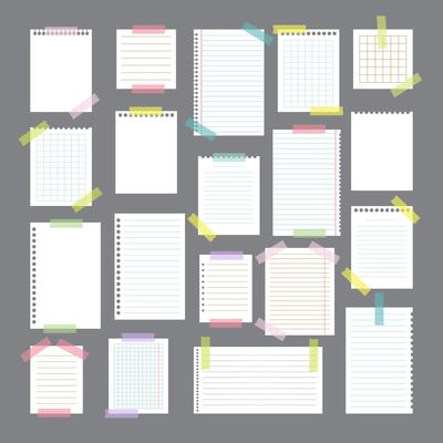 Collection of various note papers with different tape strips. Cute design elements