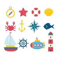 Nautical design elements in flat style. Collection of nautical symbols vector