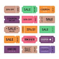 Set of tickets and coupons templates. Concert, cinema, theater cards. Sale, discount, coupons with ruffle edges vector