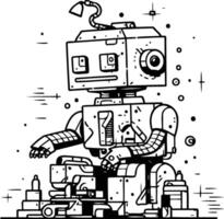 Vector illustration of robot in flat line style. Cute robot.