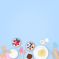 Cupcake and kitchen utensil on blue background vector