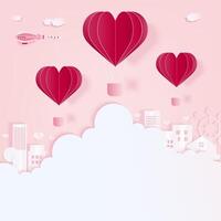 Heart balloon and cloud paper art background vector