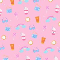 Summer pattern with sun and rainbow on pink background vector