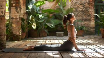 ai generado mujer en azul polainas gimnasia deporte aptitud yoga asanas hermosa sencillo ai generado imagen en 4k, único. foto