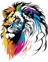 AI generated Japanese-style painting with brush strokes of Lion with colorful hair. png