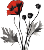 AI generated Japanese-style painting with brush strokes of Poppy flowers. png