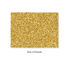 Vector isolated illustration with simplified map of State of Colorado, USA. Shiny gold glitter texture. Decoration template.