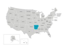 Vector isolated illustration of simplified administrative map of the USA. Borders of the states with names. Blue silhouette of Arkansas, state.