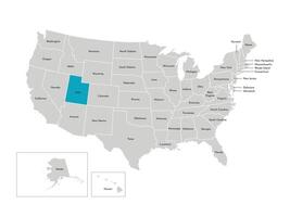 Vector isolated illustration of simplified administrative map of the USA. Borders of the states with names. Blue silhouette of Utah, state.