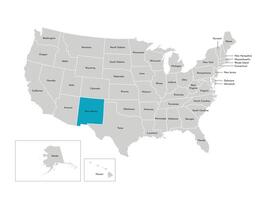 Vector isolated illustration of simplified administrative map of the USA. Borders of the states with names. Blue silhouette of New Mexico, state.