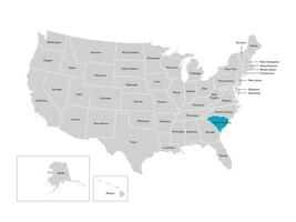 Vector isolated illustration of simplified administrative map of the USA. Borders of the states with names. Blue silhouette of South Carolina, state.