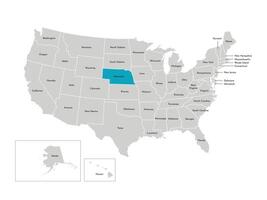 Vector isolated illustration of simplified administrative map of the USA. Borders of the states with names. Blue silhouette of Nebraska, state.