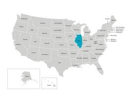 vector aislado ilustración de simplificado administrativo mapa de el EE.UU. fronteras de el estados con nombres azul silueta de Illinois, estado.