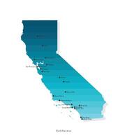 Vector isolated simplified illustration with map of State of California, USA in blue gradient colors. Tags with big cities. White background.