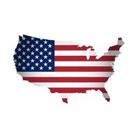 Vector isolated illustration with USA national flag with shape of United States of America, US map simplified. Volume shadow on the map. White background