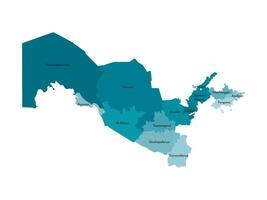 Vector isolated illustration of simplified administrative map of Uzbekistan. Borders and names of the regions. Colorful blue khaki silhouettes