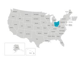 Vector isolated illustration of simplified administrative map of the USA. Borders of the states with names. Blue silhouette of Ohio, state.