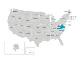 Vector isolated illustration of simplified administrative map of the USA. Borders of the states with names. Blue silhouette of Virginia, state.