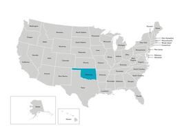 Vector isolated illustration of simplified administrative map of the USA. Borders of the states with names. Blue silhouette of Oklahoma, state.