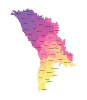 Vector isolated illustration of simplified administrative map of Moldova. Borders and names of the districts. Multi colored silhouettes.