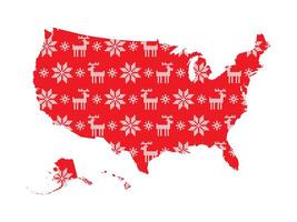 Vector isolated illustration for New Year and Christmas holiday. Simplified USA map. Red pattern decorated white cross stitched snowflakes and reindeers.