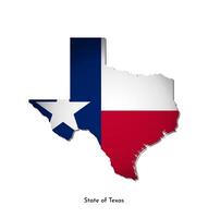 Vector isolated illustration with flag and simplified map of Texas, State of USA. Volume shadow on the map. White background