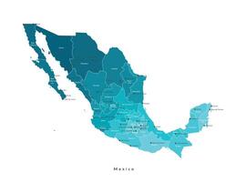 Vector isolated illustration. Simplified administrative map of Mexico, United Mexican States. Blue shapes of regions. Names of mexican cities and states