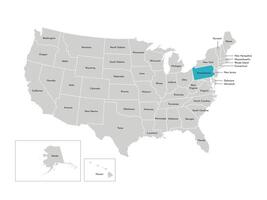 Vector isolated illustration of simplified administrative map of the USA. Borders of the states with names. Blue silhouette of Pennsylvania, state.