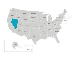 Vector isolated illustration of simplified administrative map of the USA. Borders of the states with names. Blue silhouette of Nevada, state.