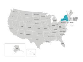 Vector isolated illustration of simplified administrative map of the USA. Borders of the states with names. Blue silhouette of New York, state.