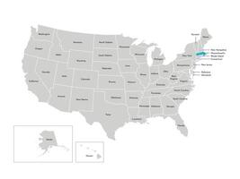 Vector isolated illustration of simplified administrative map of the USA. Borders of the states with names. Blue silhouette of Massachusetts, state.