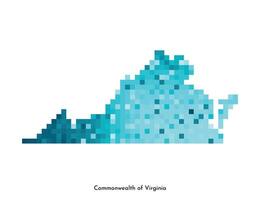 Vector isolated geometric illustration with icy blue USA state, Commonwealth of Virginia map. Pixel art style for NFT template. Simple colorful logo with gradient texture