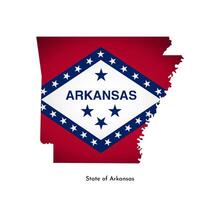 Vector isolated illustration with flag and simplified map of Arkansas, State of USA. Volume shadow on the map. White background.