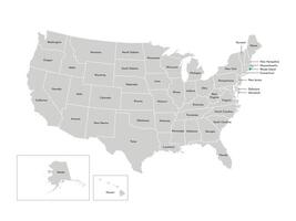 Vector isolated illustration of simplified administrative map of the USA. Borders of the states with names. Blue silhouette of Rhode Island, state.