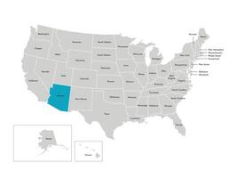 Vector isolated illustration of simplified administrative map of the USA. Borders of the states with names. Blue silhouette of Arizona, state.