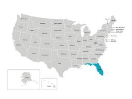 Vector isolated illustration of simplified administrative map of the USA. Borders of the states with names. Blue silhouette of Florida, state.